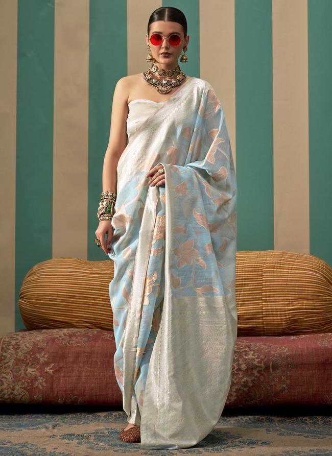 Linen Sky Blue Festival Wear Weaving Saree